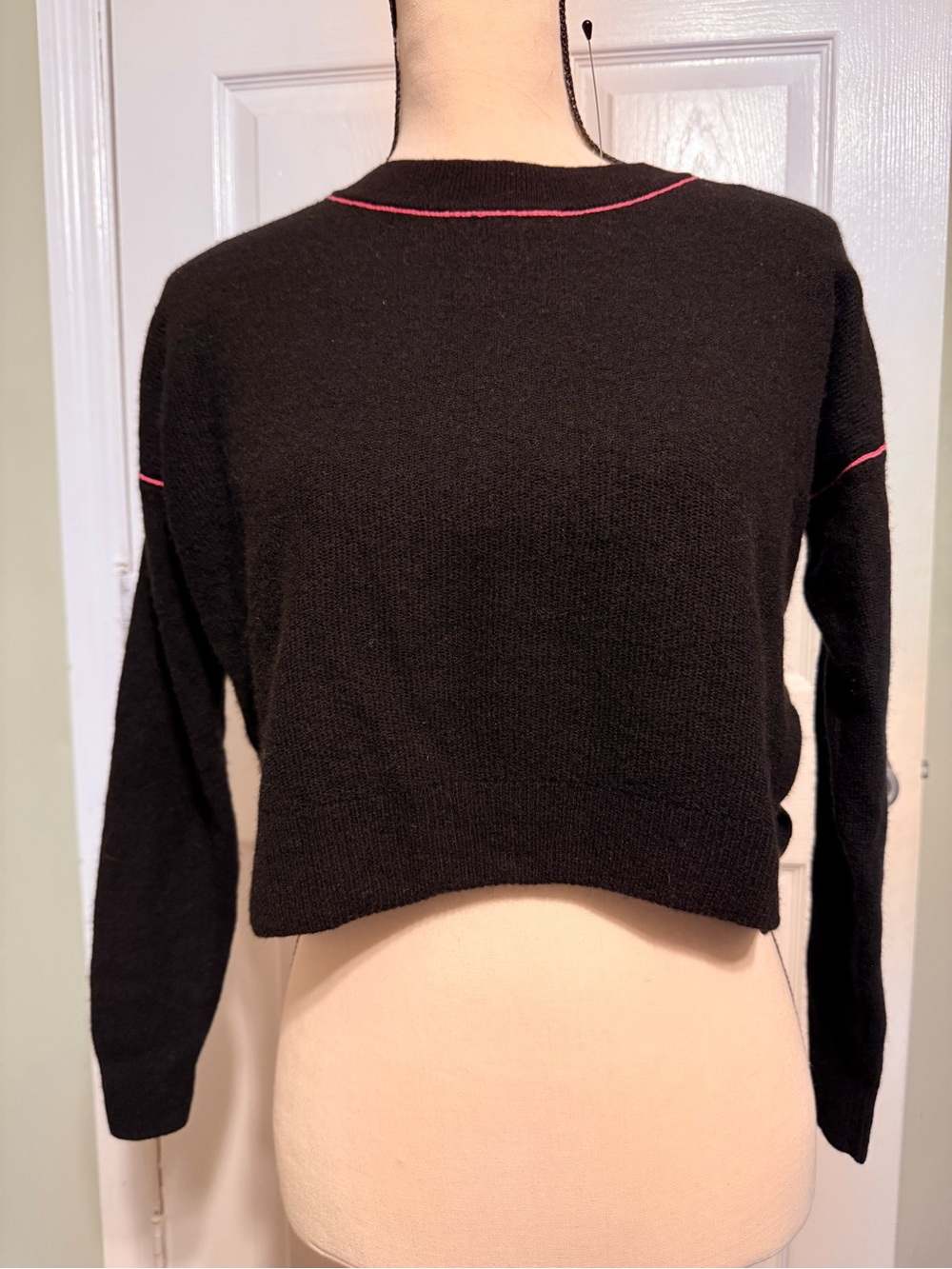 Joie Black Cropped Sweater with Pink Trim - Women's Sweater wool/cashmere